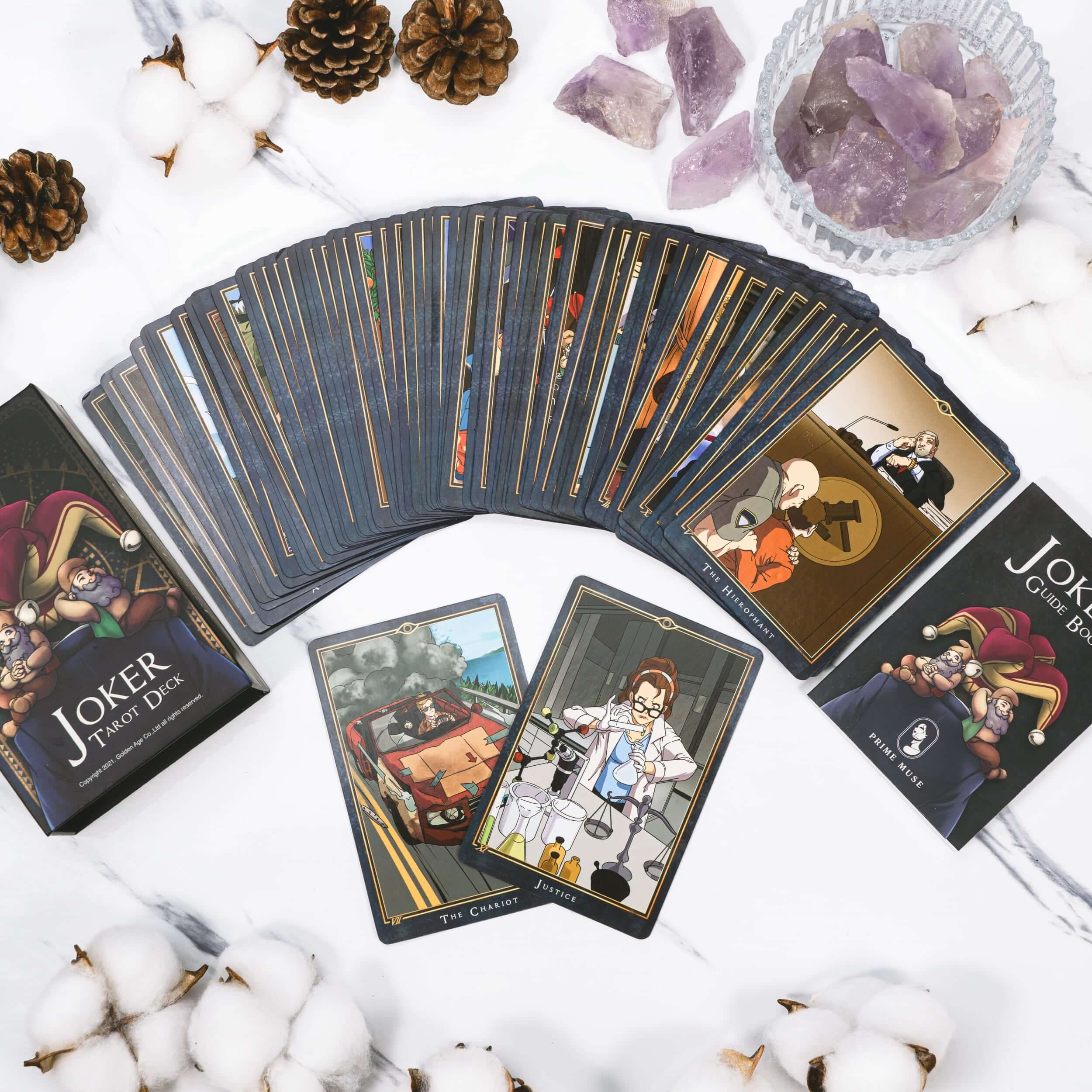 A set of Joker Tarot cards with a guidebook, highlighting their playful and symbolic nature